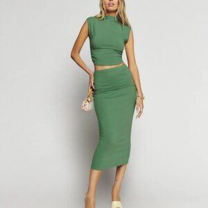 REFORMATION FOSTER KNIT TWO PIECE, BOTTLE GREEN, SMALL IN TOP AND SKIRT